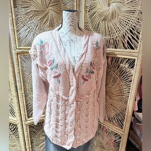 Vintage Pink Floral Knit Cardigan Sweater